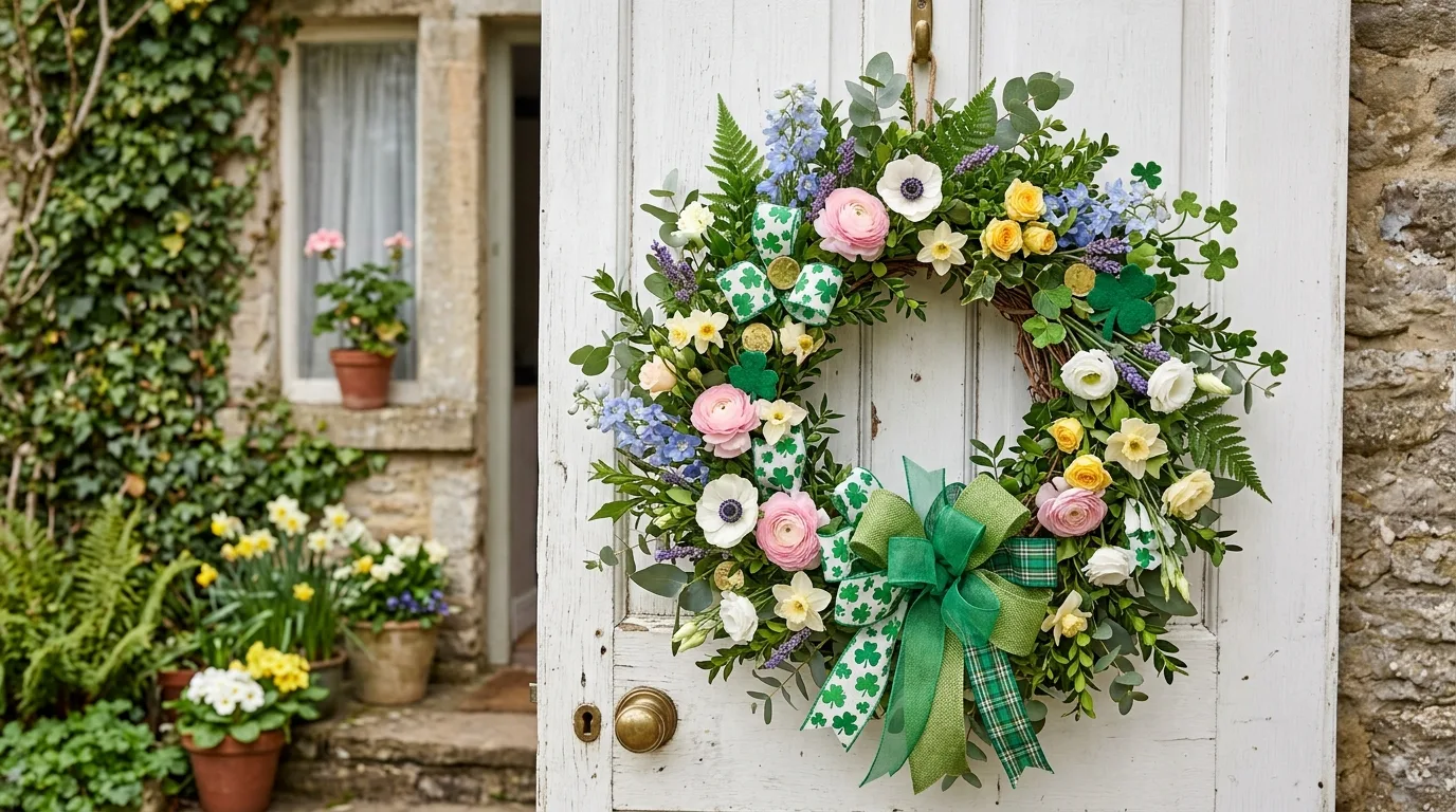 Spring floral wreath with green St. Patrick's Day accents